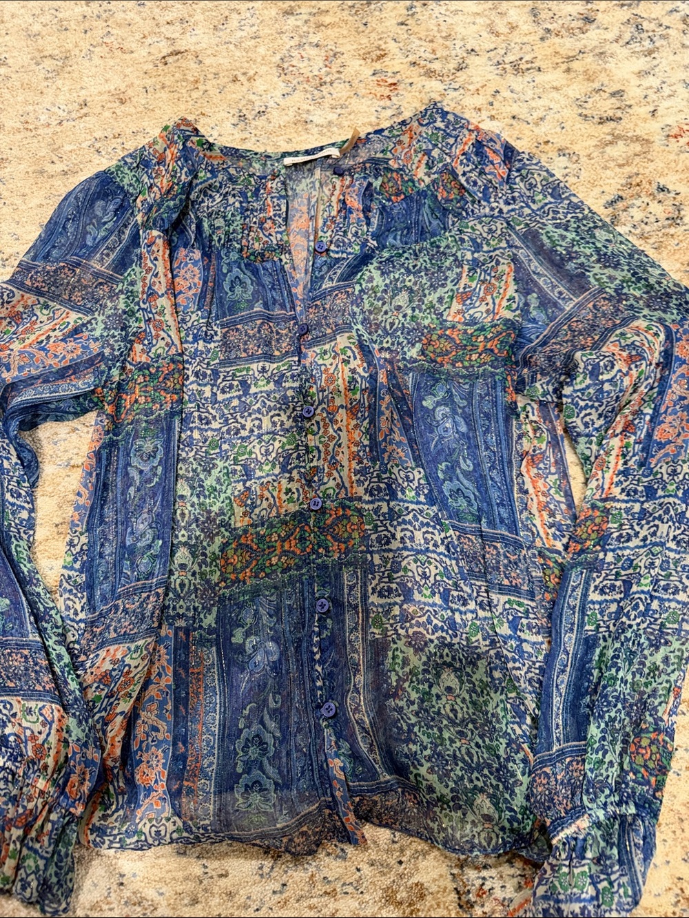 Ramy Brook Blue Paisley Button-Front Sheer Blouse with Green & Orange Accents